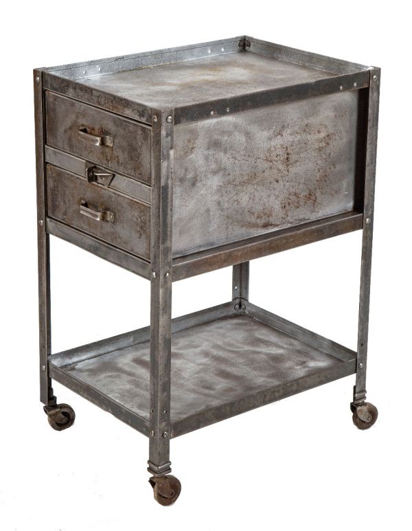 original fully functional c. 1940's brushed metal multi-drawer lyon mobile tool stand or cabinet with undershelf