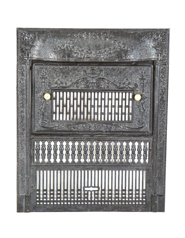 19th century salvaged chicago dawson brothers ornamental cast iron fireplace front with detachable summer cover