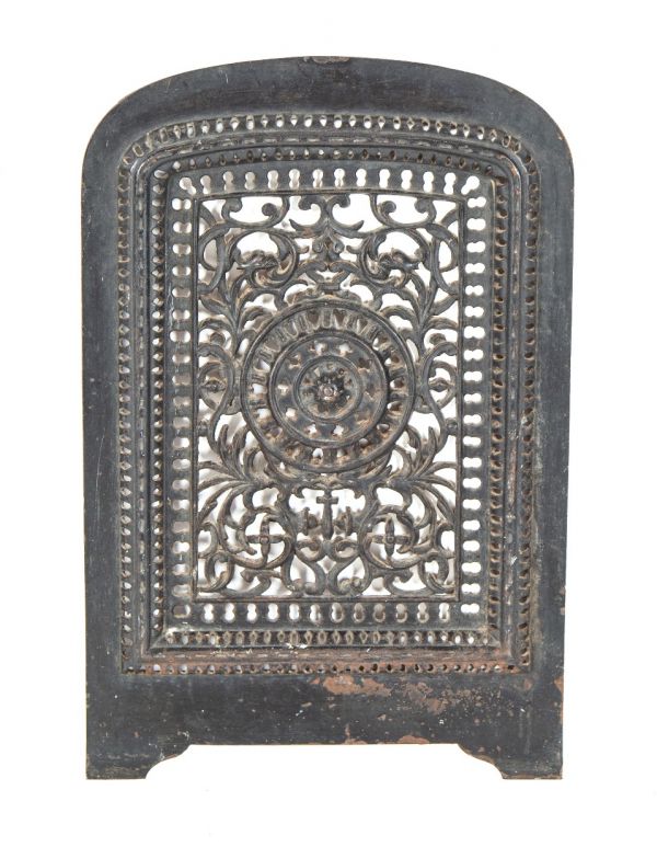 1870's salvaged chicago intricately designed ornamental cast iron black enameled perforated fireplace summer cover  