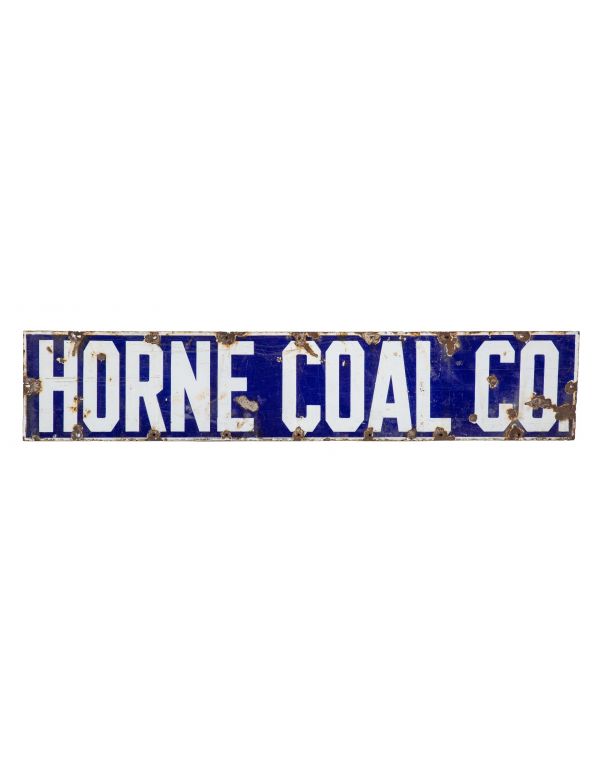 antique american single-sided long and narrow cobalt blue porcelain enameled "horne coal" building sign 