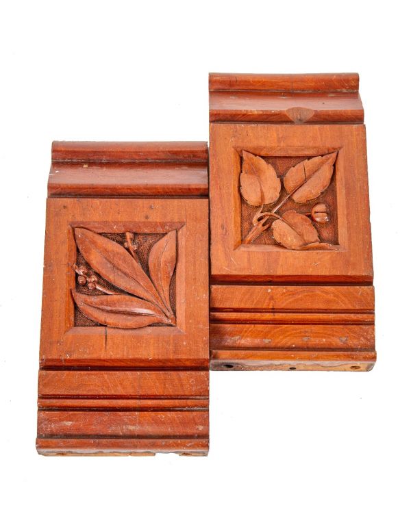 two late 1870's original hand-carved american aesthetic movement interior residential solid cherry wood header blocks with intricate floral motifs