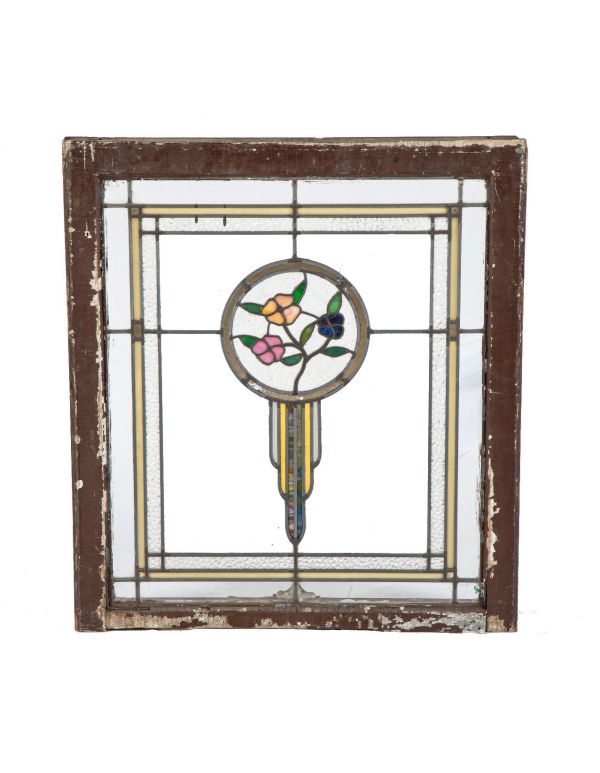 original salvaged chicago interior residential leaded glass window with richly colored centrally located floral motif