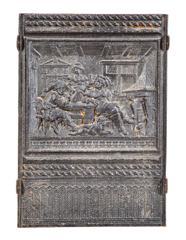 hard to find 19th century ornamental cast iron figural medieval bar scene mantel fireback pane with black enameled finish 