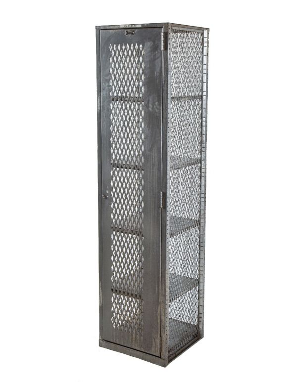 vintage american industrial freestanding welded joint steel locker with perforated metal and single hinged door