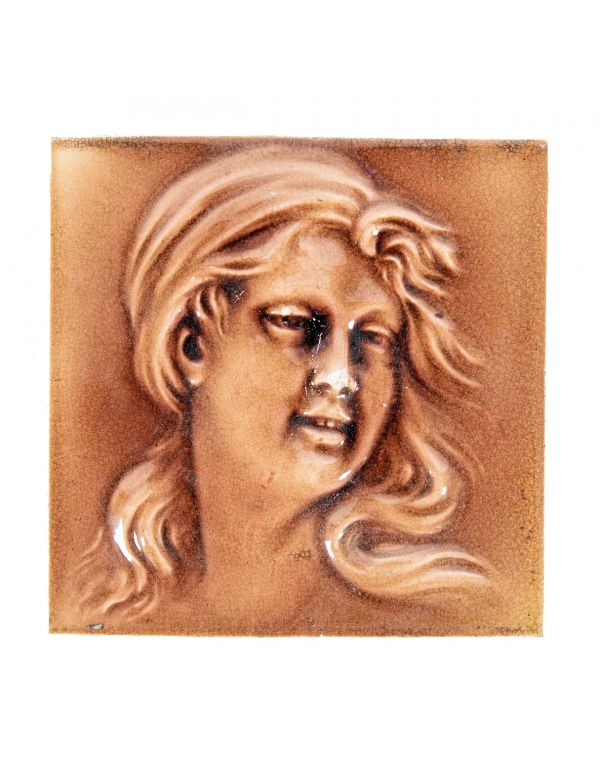 19th century original 6 x 6 figural kensington salvaged chicago portrait or figural fireplace tile with rose-colored finish 