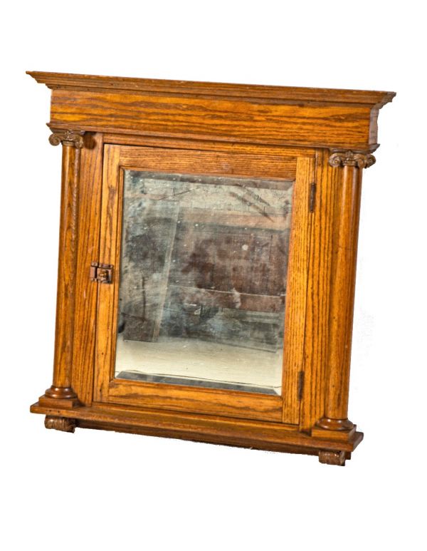 hard to find and highly sought after all original 19th century solid oak wood victorian-era bathroom medicine cabinet with original beveled mirror