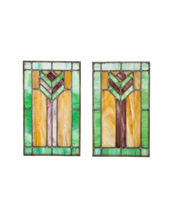 matching pair of original and completely intact prairie style chicago bungalow leaded glass windows with chevron motif