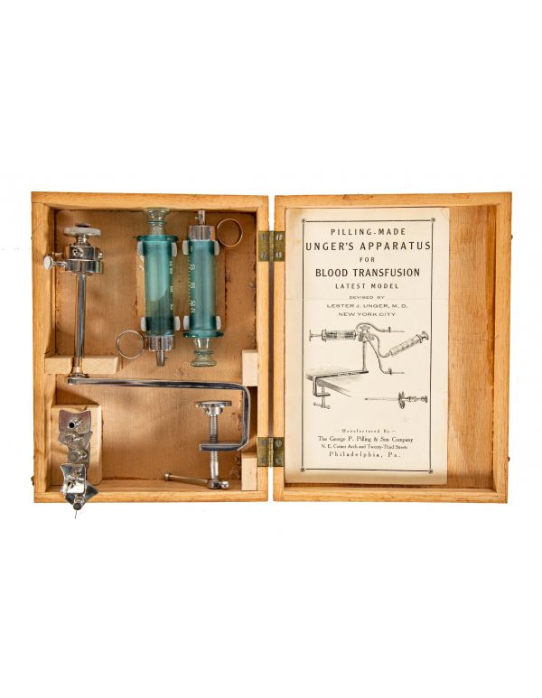 rare all original early 20th century unger's apparatus for blood transfusion with emerald glass syringes and oak box