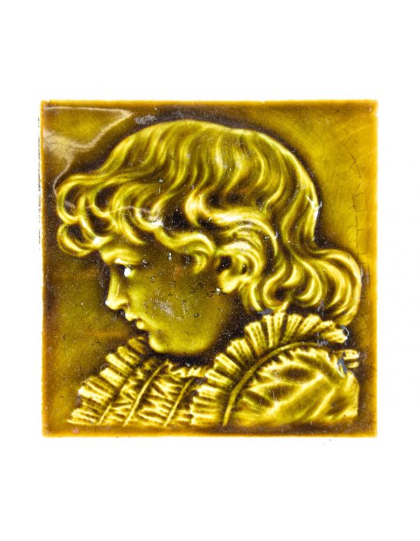 exceptional isaac broome-designed 19th century salvaged victorian-era embossed fireplace portrait tile with allover crazing