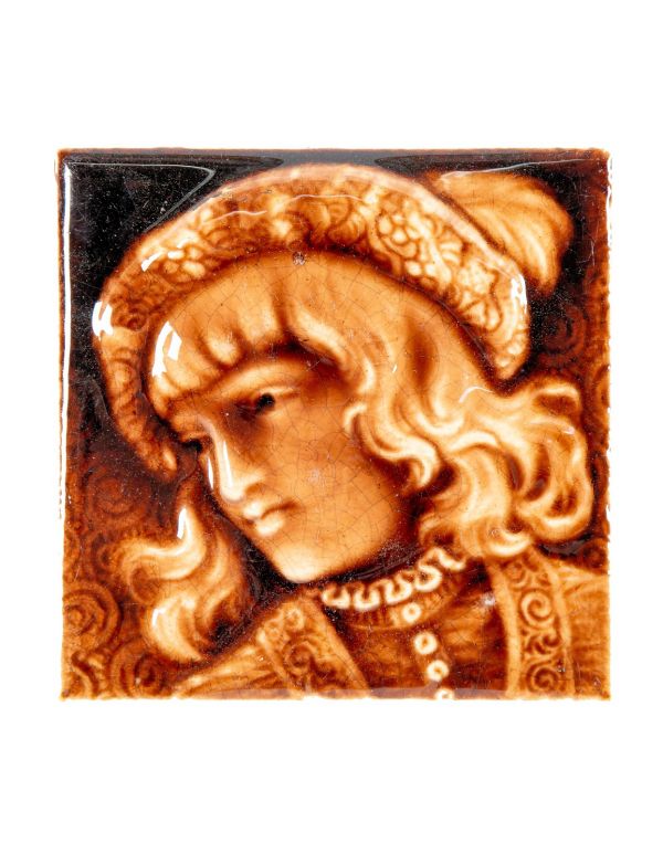 popular isaac broome-designed 19th century shakespearean majolica glazed figural portrait tile with allover crazing