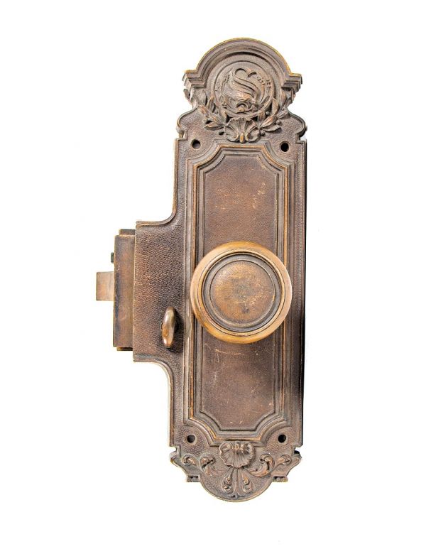 original early 20th century salvaged neoclassical style ornamental cast bronze monogrammed hotel "unit lock set" with privacy latch