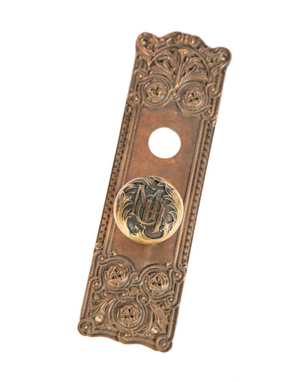 rare 19th century custom-designed richardsonian romanesque cast bronze minneapolis city hall monogrammed doorknob and backplate 