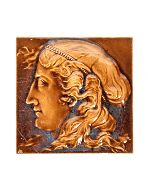 single 19th century antique american deeply embossed majolica glazed brown figural minton fireplace tile 