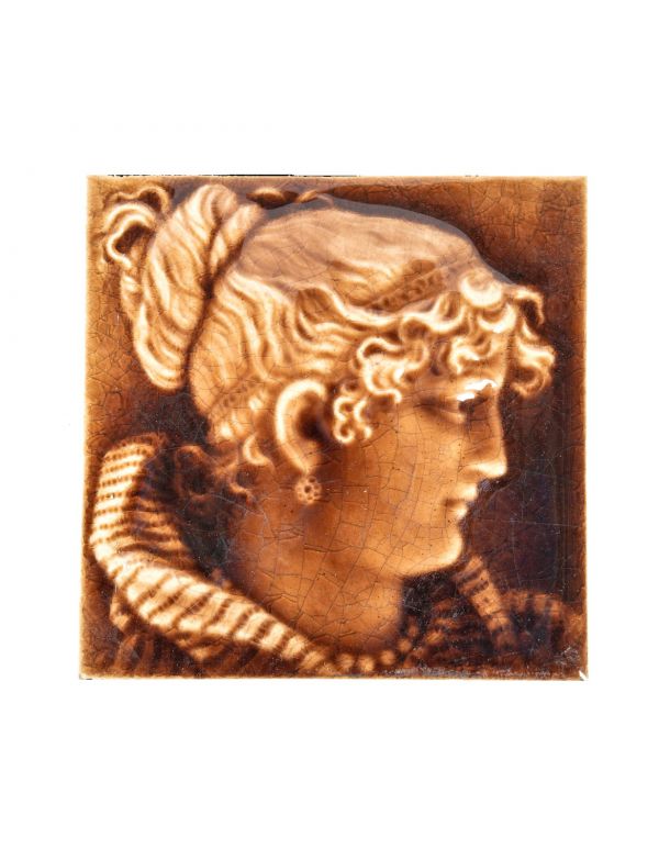 19th century original and intact salvaged chicago figural residential fireplace corner portrait tile with allover crazing