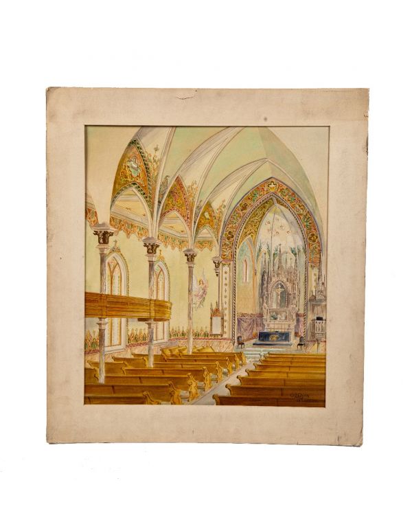 original highly sought after richly colored early 20th century odin j. oyen watercolor rendering for a church 