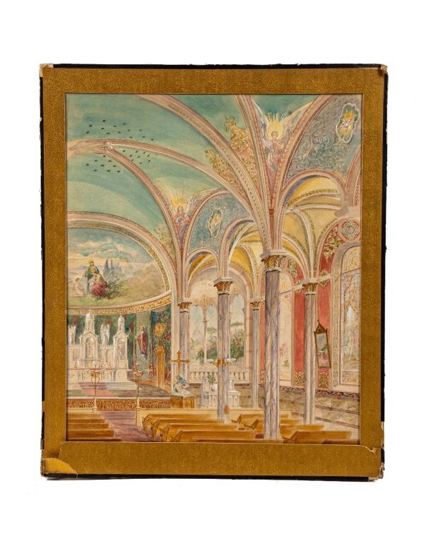 oversized vivid and richly colored signed odin j. oyen-signed watercolor rendering for a church interior 