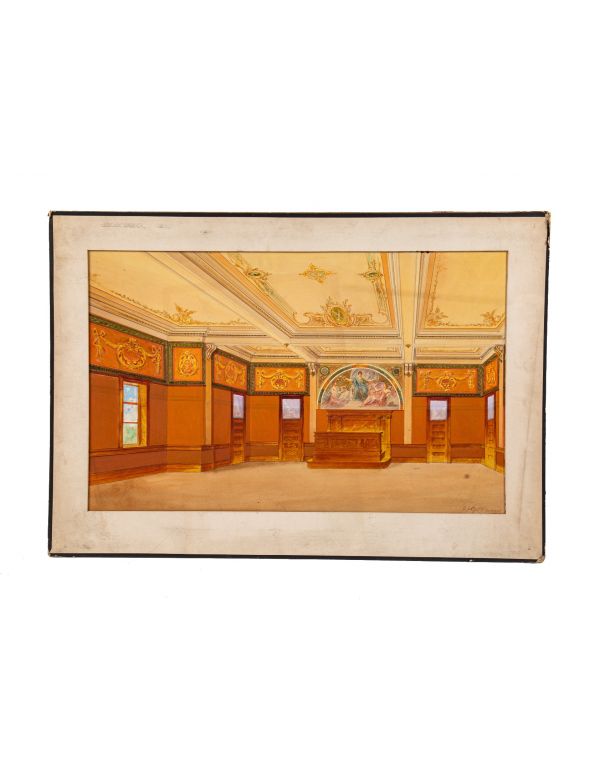 early 20th century original and largely intact oversized odin j. oyen watercolor rendering of an interior courthouse 