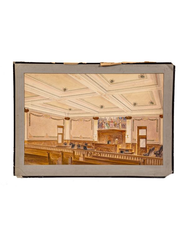 original early 20th century historically important odin j. oyen signed detailed oversized watercolor rendering of a courthouse interior 