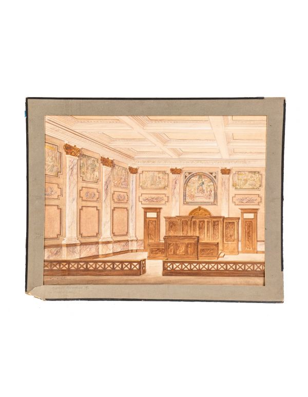 original early 20th century odin j. oyen-signed oversized watercolor rendering of an interior courtroom 
