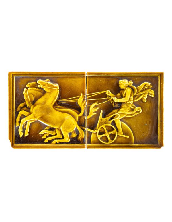 richly colored green-ish-yellow two-piece figural trent tile company fireplace majolica tile set with horses and chariot 