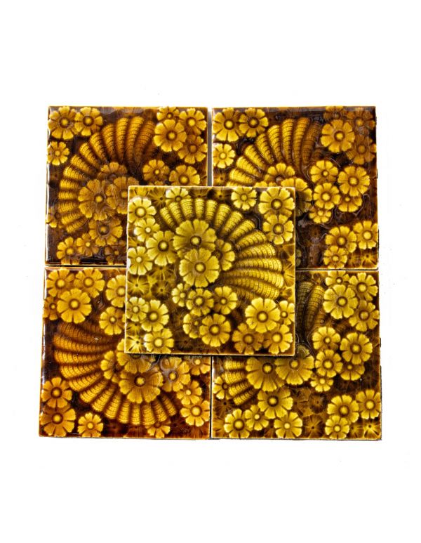group of five 19th century antique american majolica glazed 6 x 6 inch salvaged chicago residential trent fireplace tiles