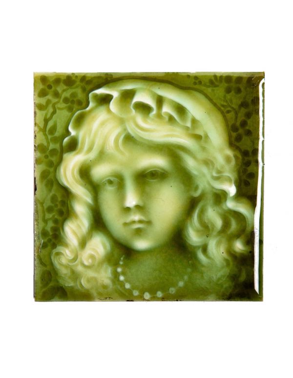 rare 4 x 4 inch finely executed light green majolica glazed lightly embossed figural or portrait tile fabricated by american encaustic tile 