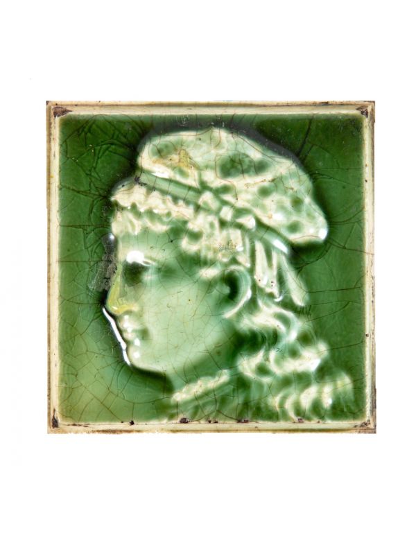 19th century antique american victorian-era heavily crazed green majolica glazed providential figural stove tile 