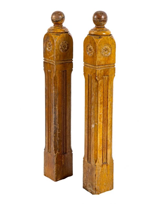 two matching 19th century original salvaged chicago box-shaped pine wood newel posts with incised ball finials 