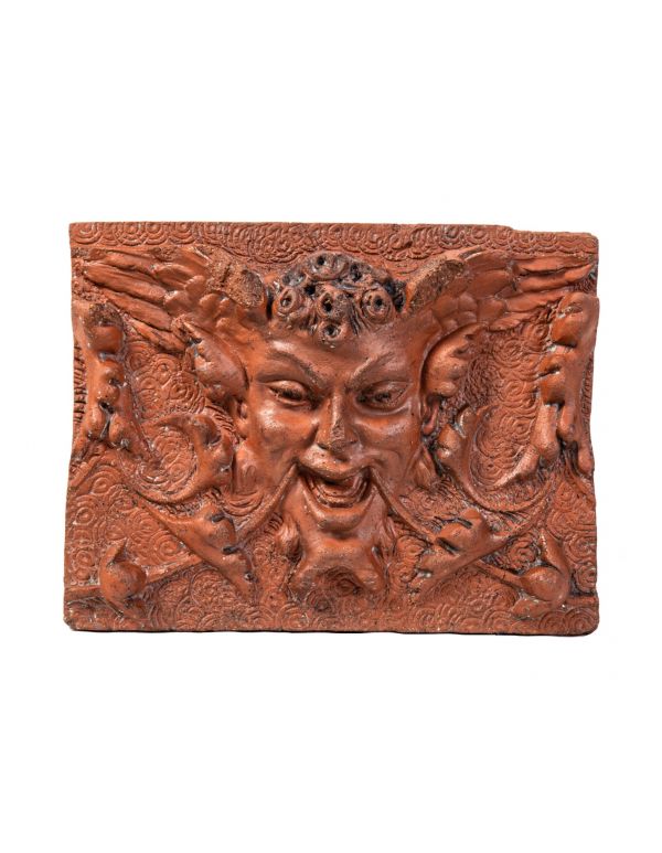 rare early to mid-1880s red slip glaze exterior residential northwestern terra cotta "satyr" figural panel or block