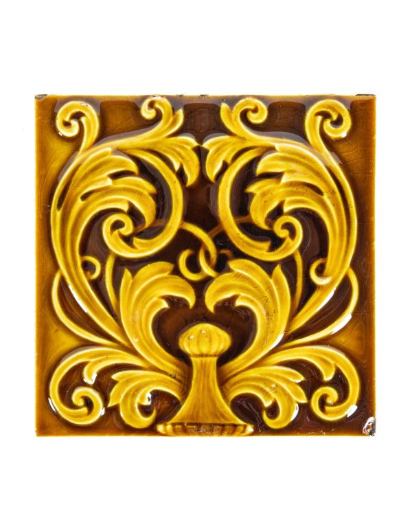 single 6 x 6 inch 19th century salvaged chicago dark yellowish-brown glazed majolica fireplace tile