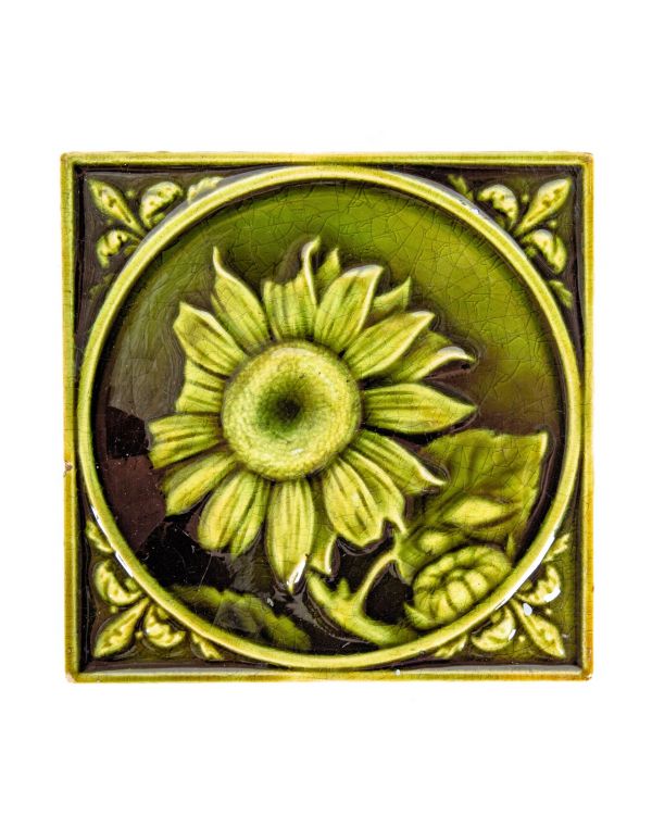 highly sought after richly colored "sunflower" 6 x 6 antique american green majolica glazed victorian fireplace tile