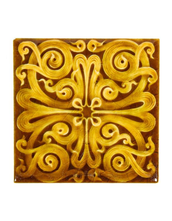 exceptionally designed original 19th century american victorian-era 6 x 6 inch majolica glazed tile 