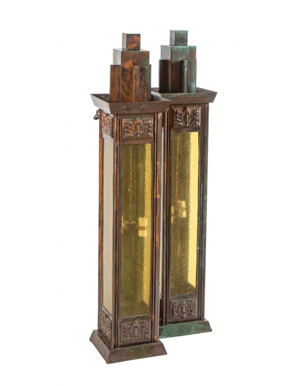 museum quality george grant elmslie-designed oversized exterior ornamental bronze art glass sconces with age appropriate patina