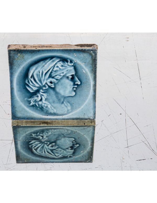 single original 19th century light blue majolica-glazed 6 x 6 inch figural fireplace tiled salvaged from chicago residence 
