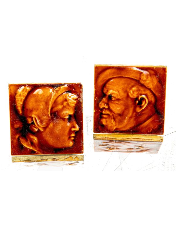 pair of distinctive 19th century salvaged chicago burnt orange majolica glazed 6 x 6 inch figural fireplace tiles