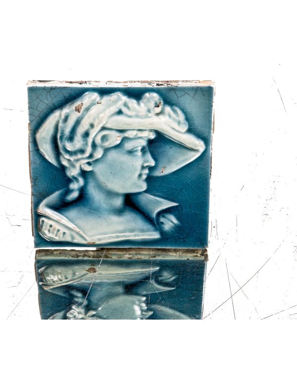 19th century salvaged chicago peacock blue majolica glazed american residential figural fireplace tile 