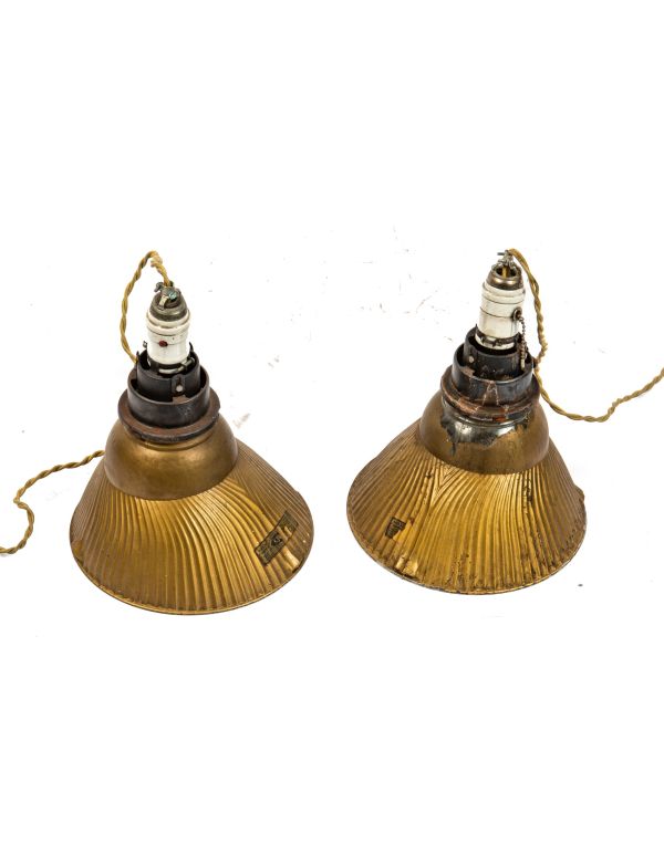 two matching early 20th century american industrial "model 530" silver glass "x-ray" pendant lights with braided cloth cord