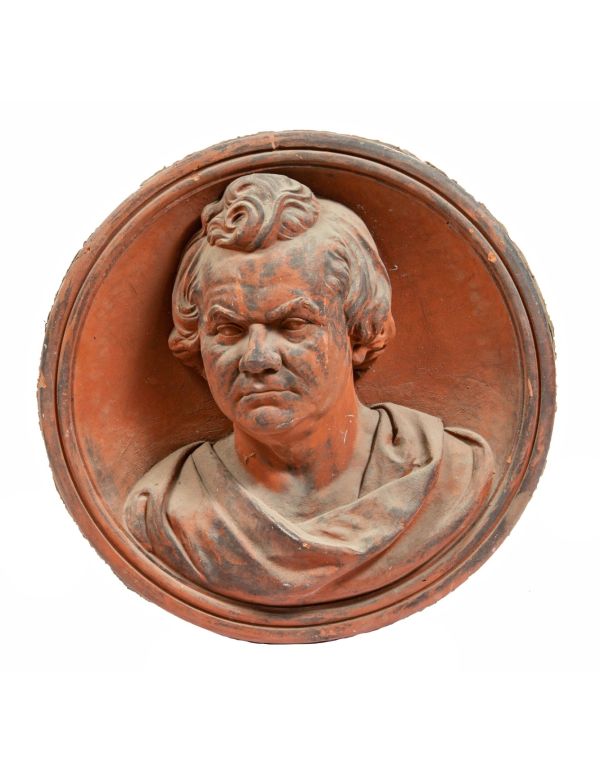 rare life-sized red glazed terra cotta rondel of stephen a. douglas salvaged from flanders and zimmerman chicago school