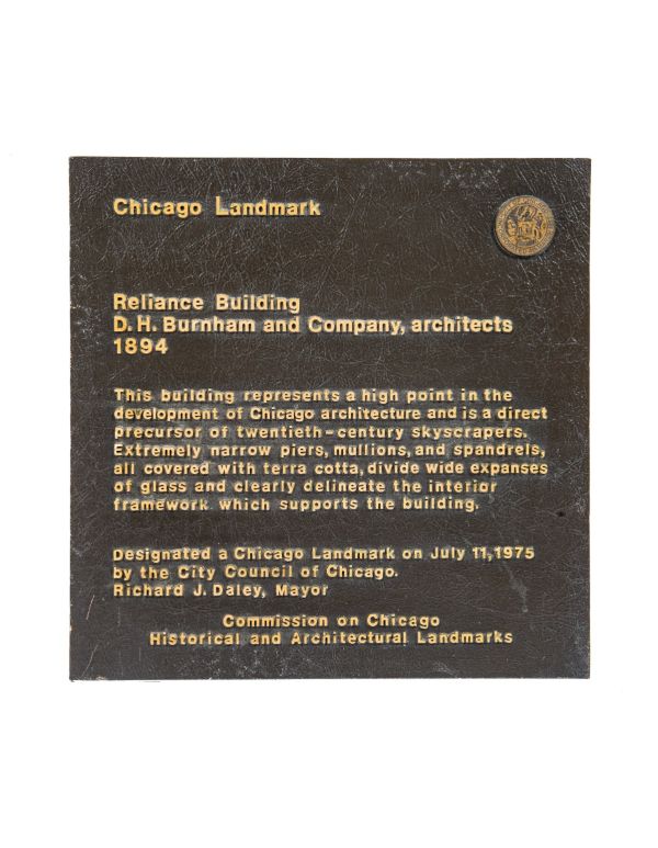 original heavy cast bronze exterior reliance building "chicago landmark" two-tone city plaque or marker