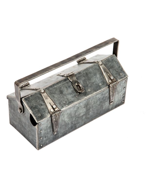 distinctive american depression-era industrial folkart pressed and folded steel pipefitters toolbox with riveted joints and drop handle 
