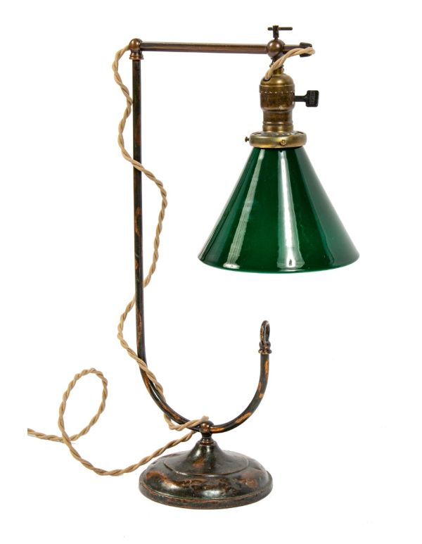 antique american industrial single electric table lamp with oxidized copper finish and emeralite conical glass shade