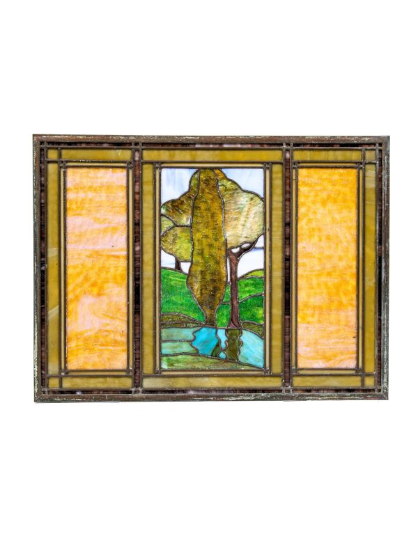 impressive early 20th century salvaged chicago stained glass pastoral window with nicely aged brass caming
