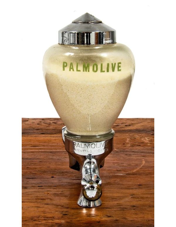 original and fully functional american depression-era salvaged art deco palmolive glass soap dispenser 
