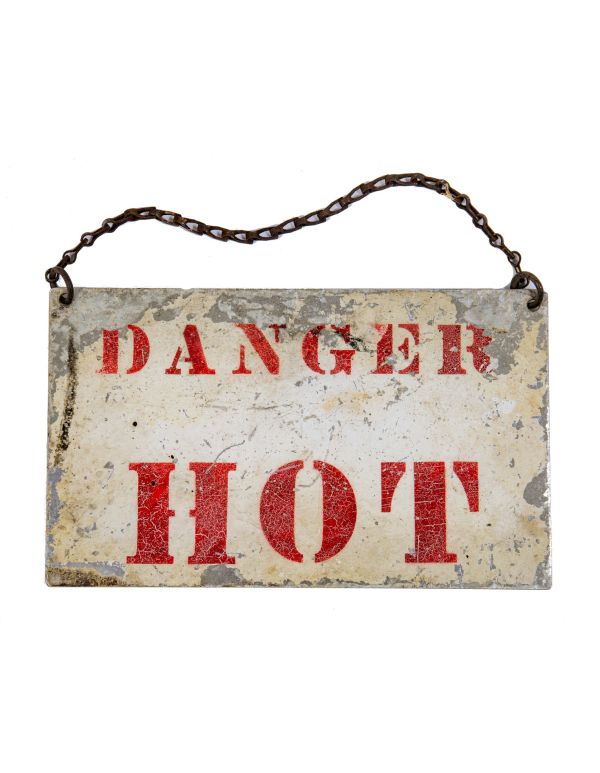 nicely worn c. 1930's american vintage industrial painted galvanized sheet steel cook county hospital power plant "hot" steam pipe danger sign
