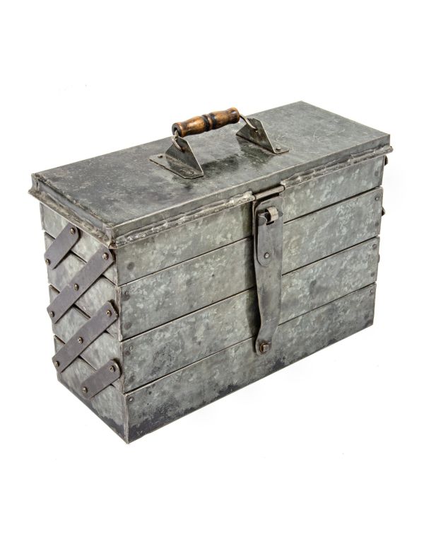 american depression era one of a kind c. 1939 folded and pressed industrial galvanized steel four tray cantilever toolbox complete with lockable hasp and hinges