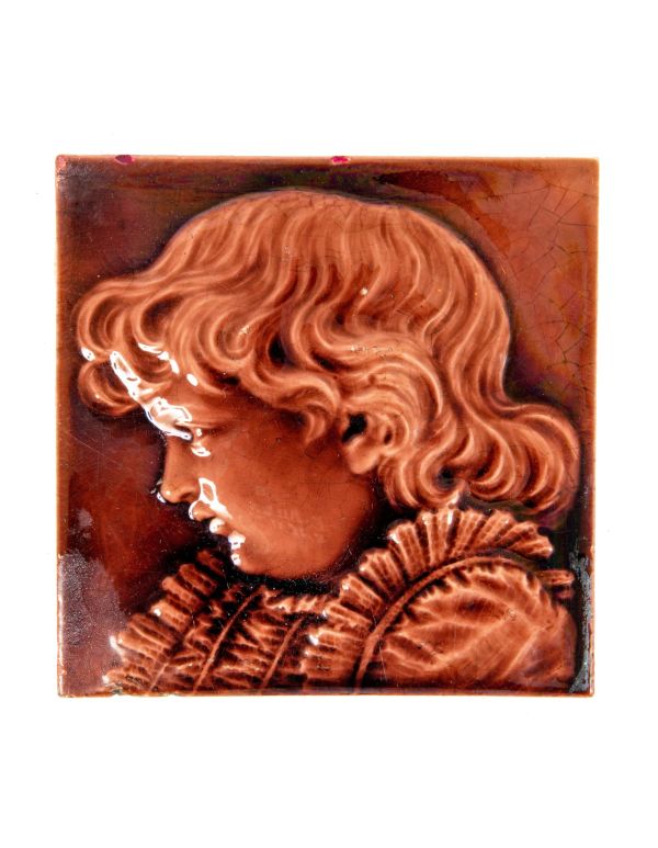 late 1890s original antique american salvaged chicago majolica-glazed figural fireplace tile with allover crazed finish 