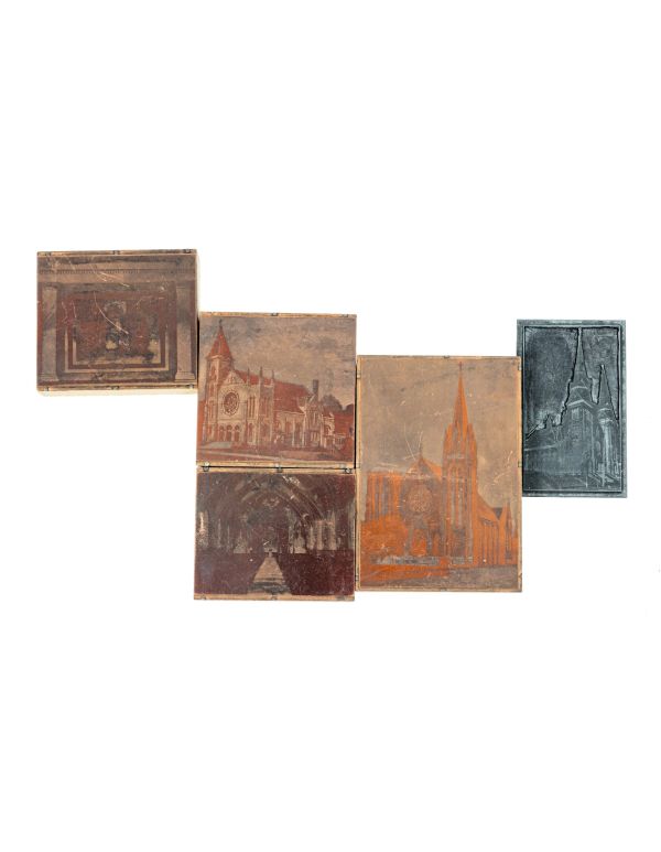 original early 20th century copper and wood odin j. oyen or oyen studios print blocks with various building commissions 