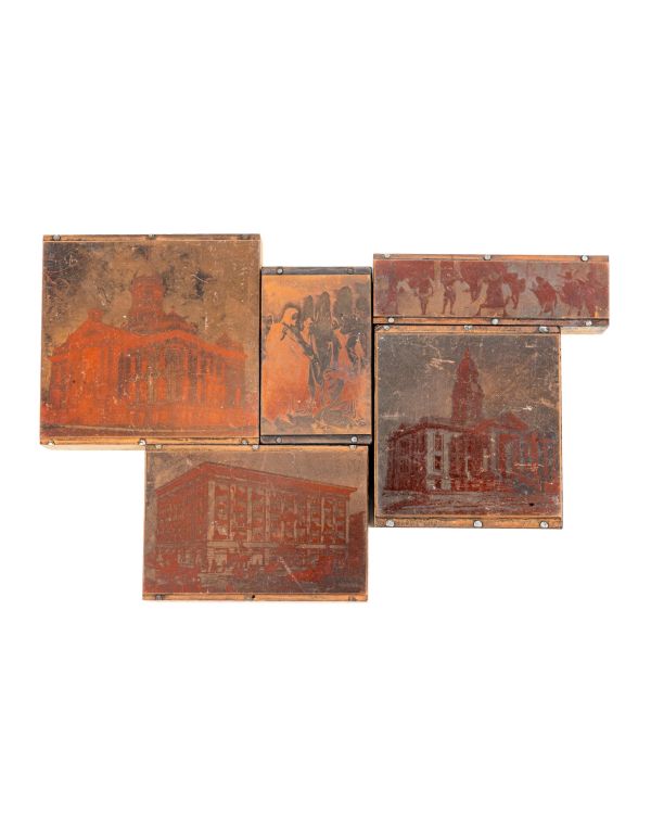 group of original early 20th century lightly etched copper plate and wood odin j. oyen press print blocks 