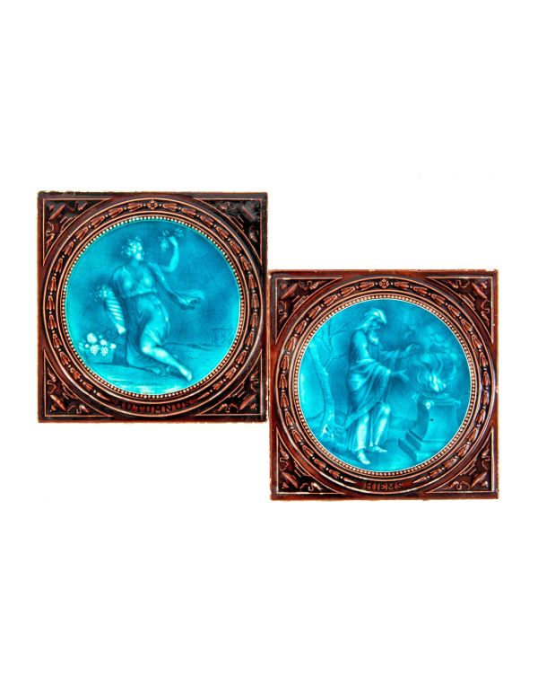 matching set of rare 1880s richly colored minton figural "autumn" and "winter" antique salvaged fireplace tiles 