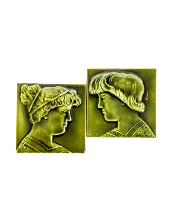  late 19th century american victorian era interior residential richly colored olive green majolica glazed fireplace portrait tile set with allover surface crazing